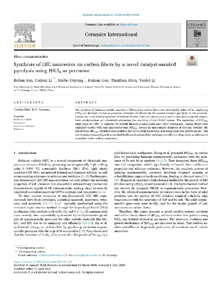 通过一种新型催化剂辅助热解法使用HfCl₄作为前驱体在碳纤维上合成HfC纳米线