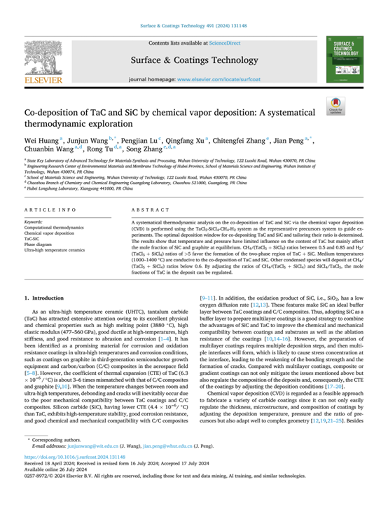 TaC与SiC化学气相共沉积的热力学研究为超高温涂层设计提供新思路